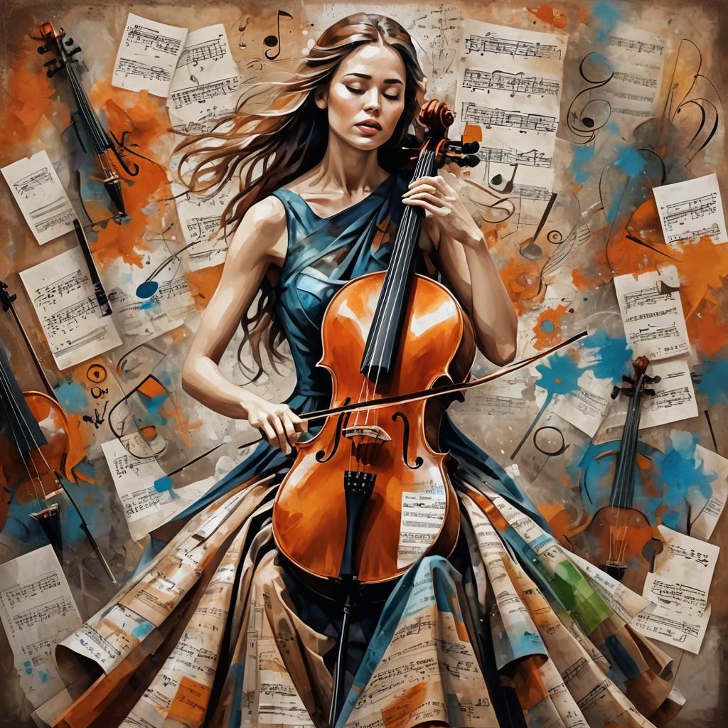 Elegant Cellist Singing with Fractal Music