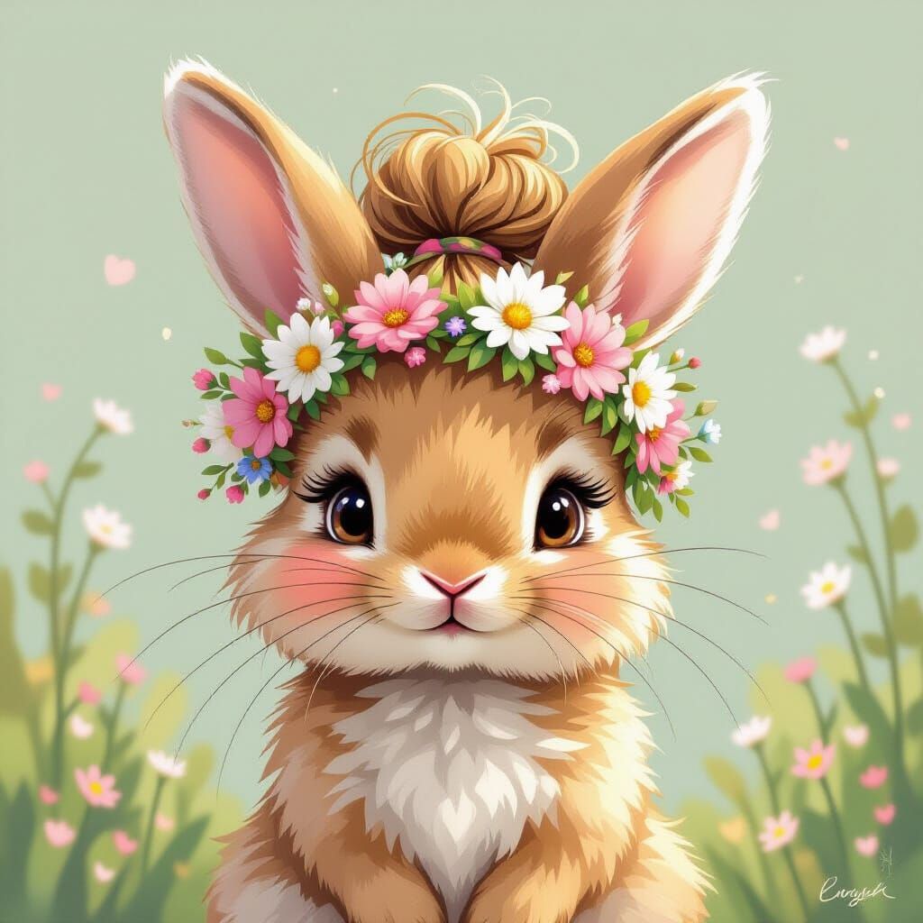 Whimsical Bunny with Flower Crown in Artistic Style