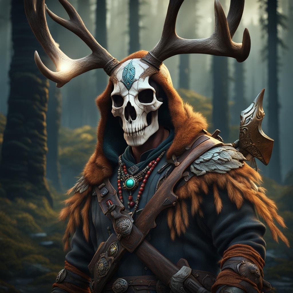 First Nations Man with Deer Skull Axe