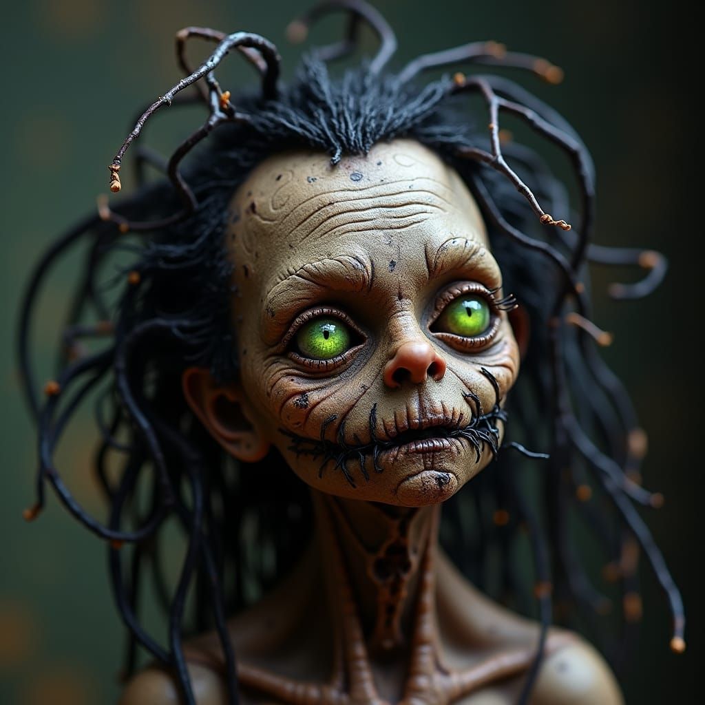 Shrunken Head with Glowing Eyes in Dark Surreal Style