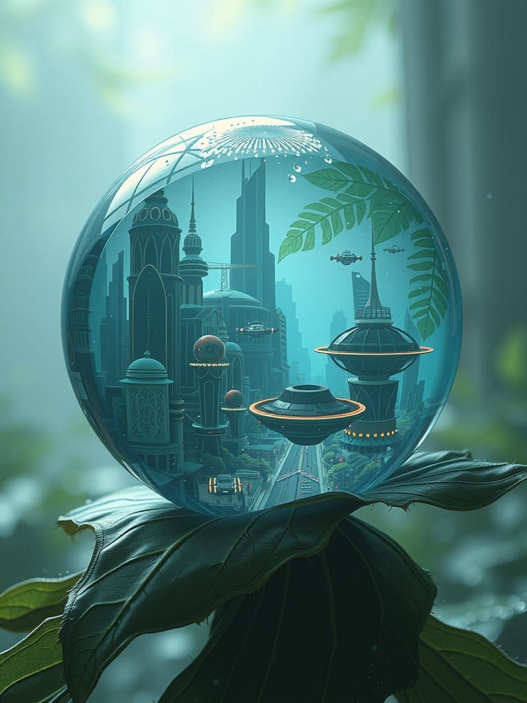 Surreal Futuristic Cityscape in a Water Droplet