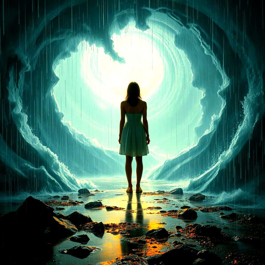 Woman in Rain Vortex in Abstract Style