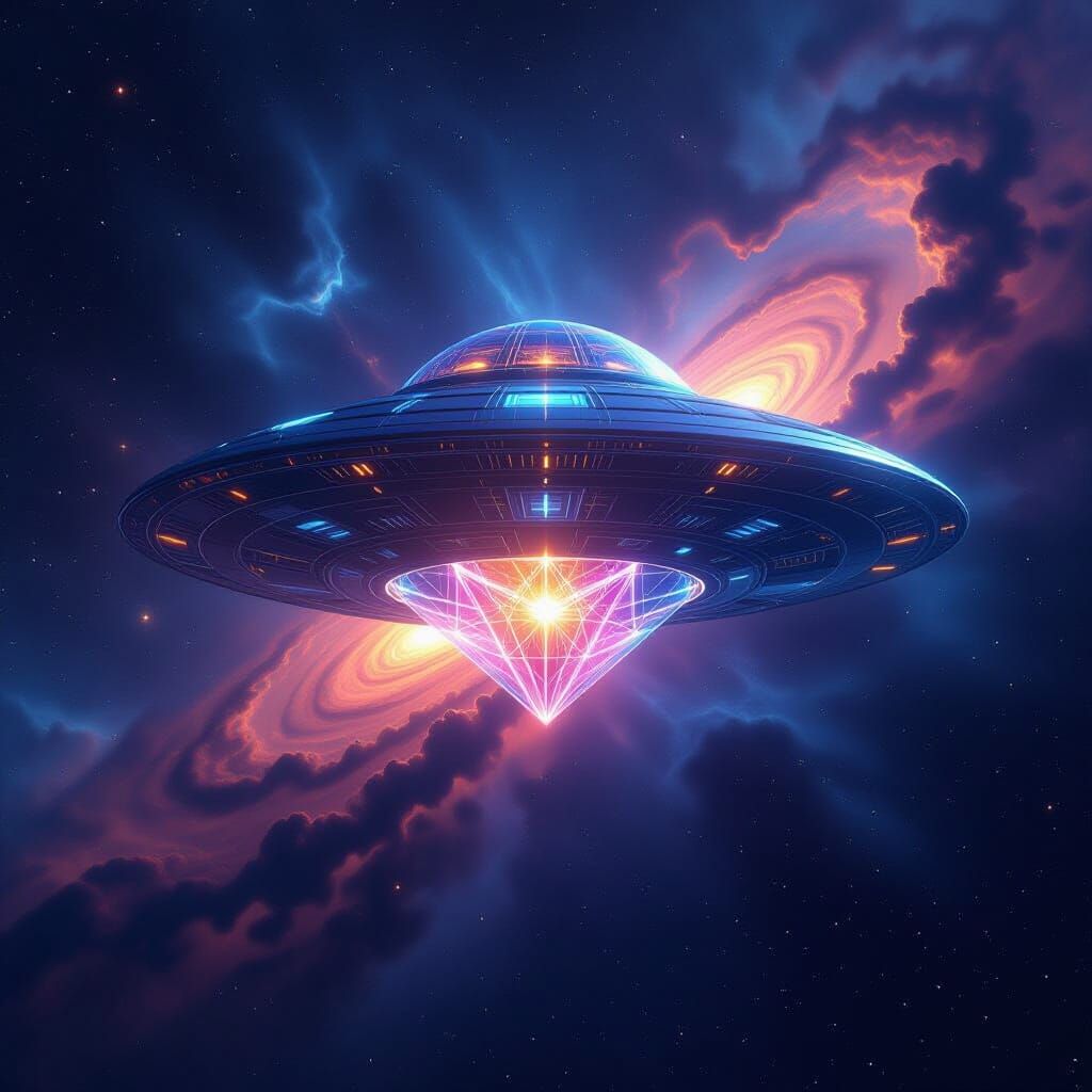 Cosmic UFO with Metatron's Cube Patterns in Cinematic Style