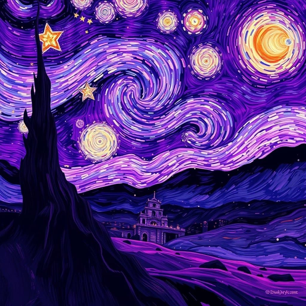 Surreal Purple Dreamscape Inspired by Starry Night