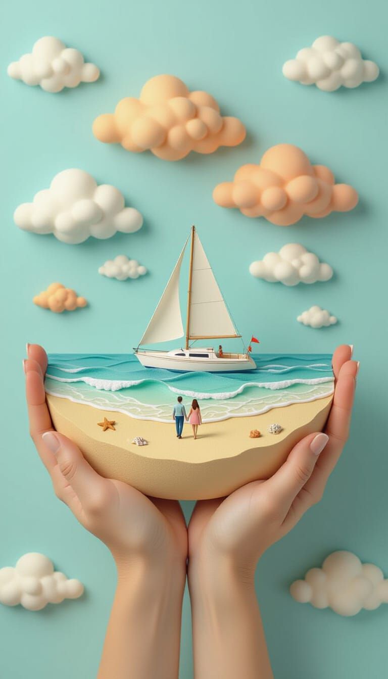 Dreamlike Miniature Beach Scene Held in Hands