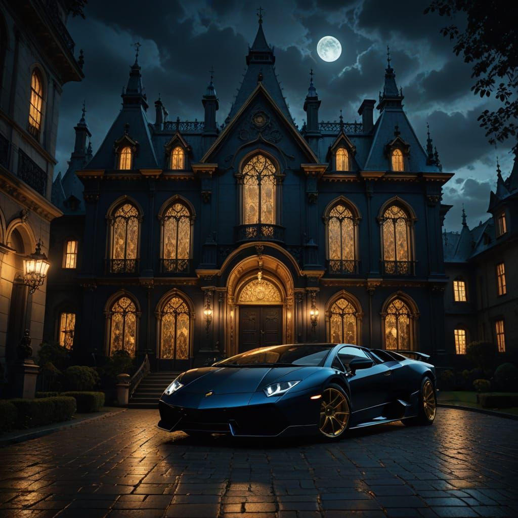 Luxurious Gothic Mansion with a Sleek Lamborghini Murcielago