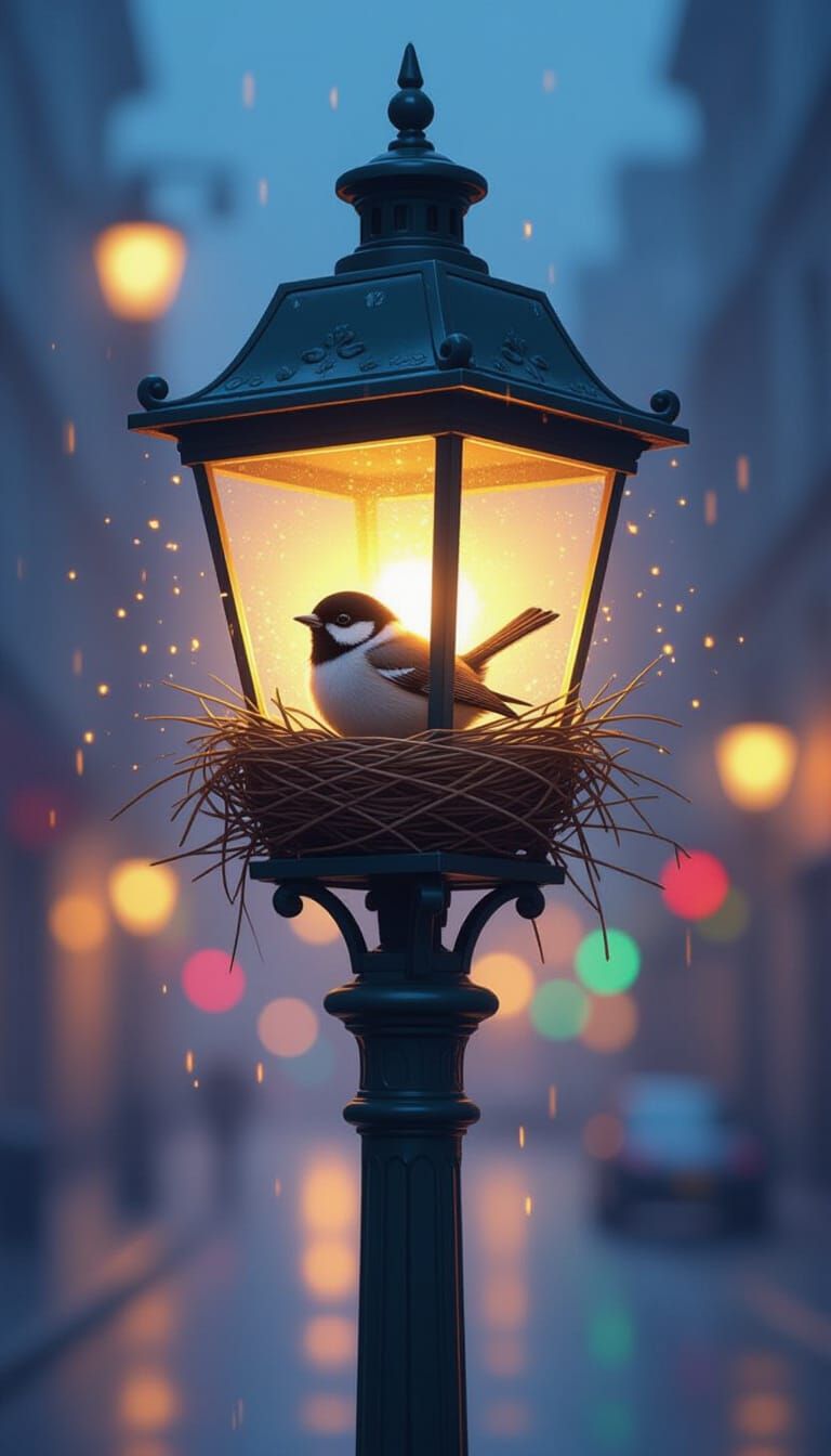 Bird Nest in Illuminated Lamppost, Hyperrealistic Concept Ar...