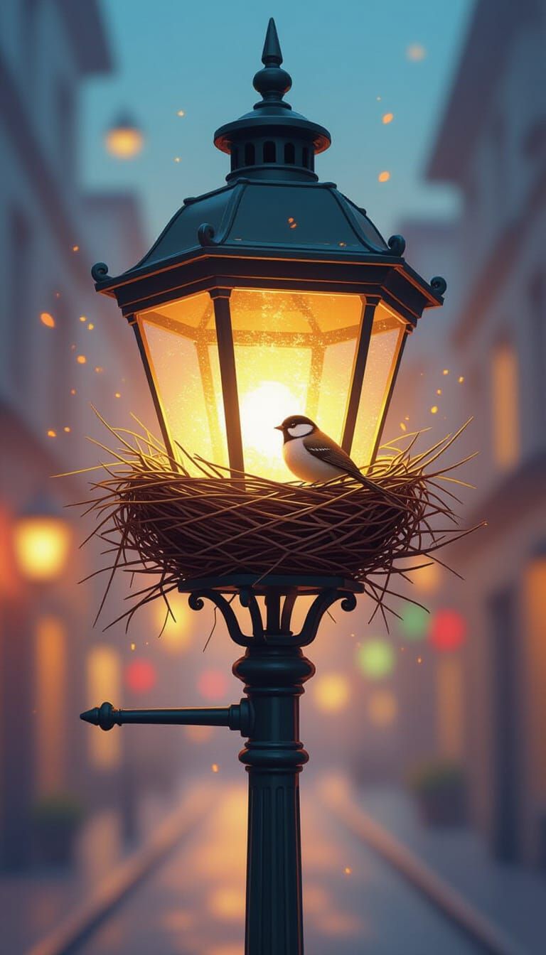 Intricately Detailed Bird's Nest Inside Lit Street Lamp