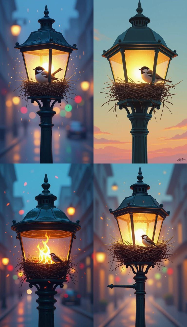 Bird Nest in Lit Lamp Post, Hyperrealistic Concept Art