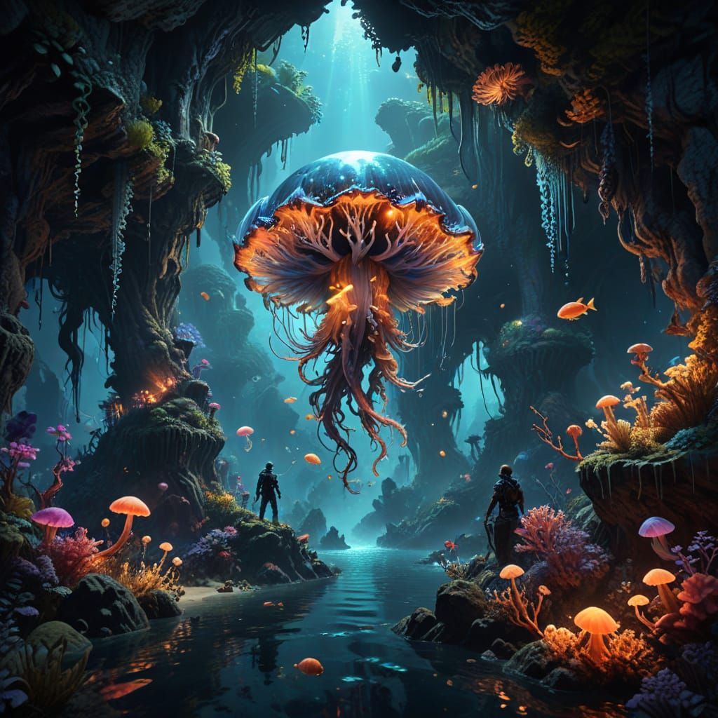 Bioluminescent Grotto: Diver in a Deep Sea Fantasy