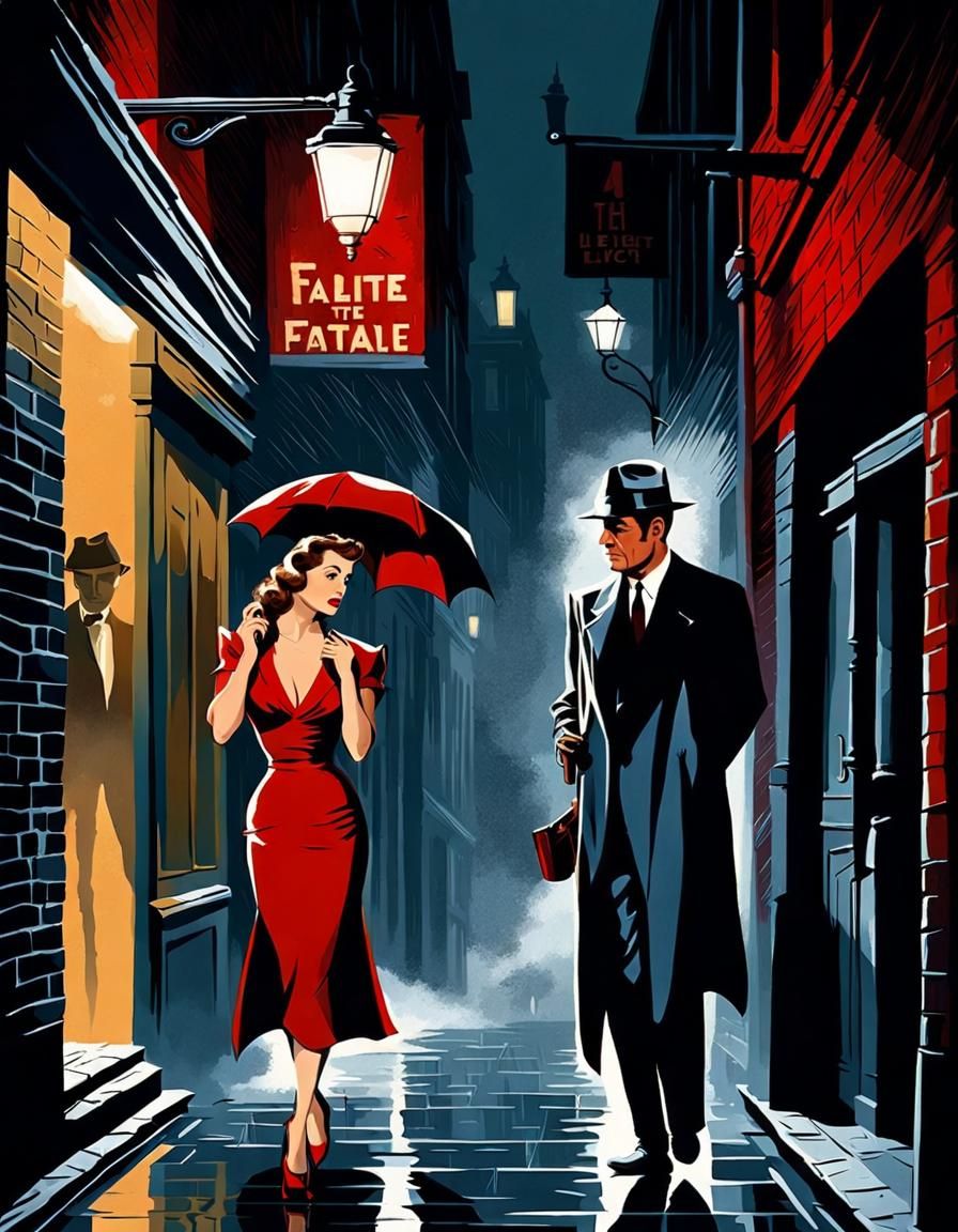 Noir Detective Meeting Femme Fatale in Rainy Alley
