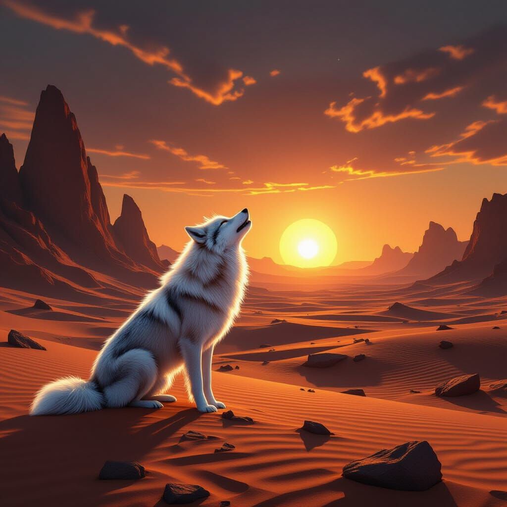 Ethereal Phantom Wolf Howling at Alien Binary Sunset