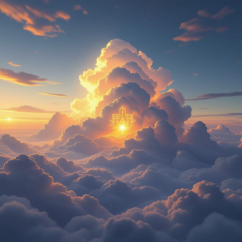 Divine Cloud Formation with Glowing Runes in Golden Hour Lig...