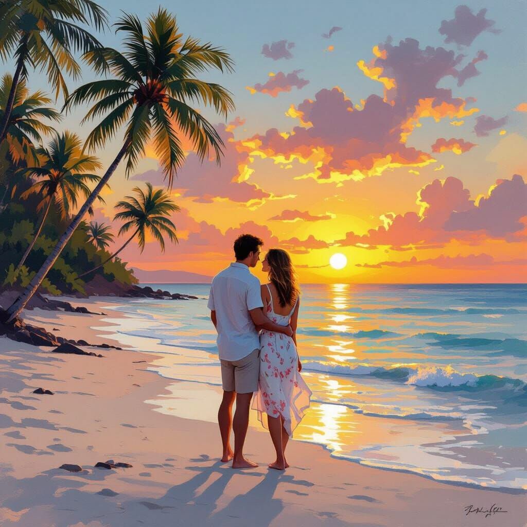 Romantic Beach Sunset with Couple and Palms