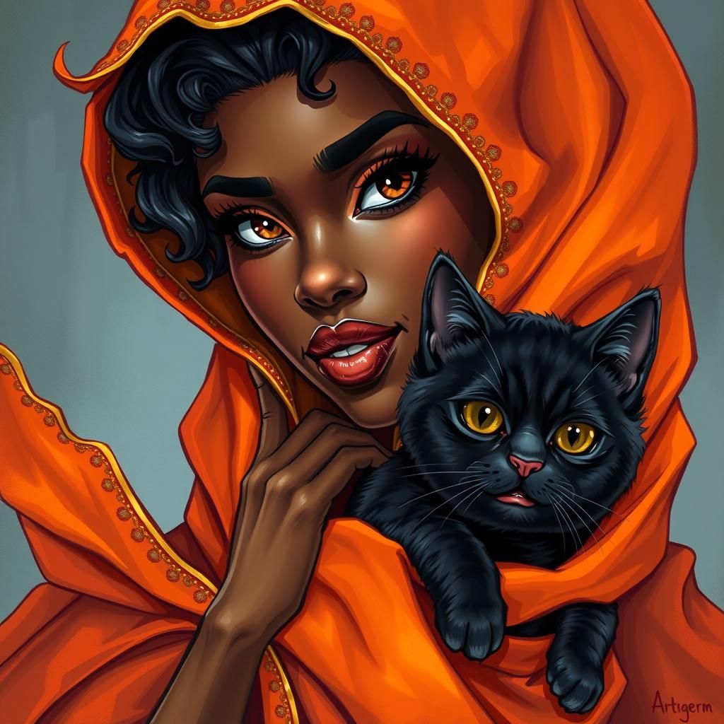Woman in Orange Cloak with Cat, Artgerm Style