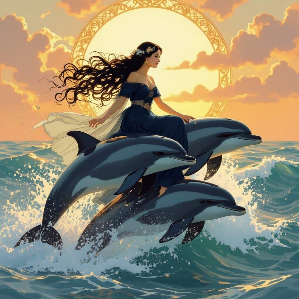 Maiden Rides Dolphins Over Ocean Waves