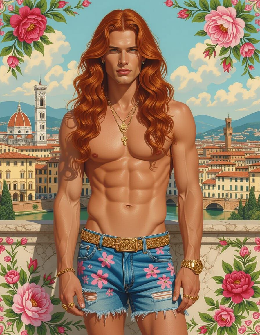 Vibrant Pencil Drawing of Man with Red Hair and Floral Jeans