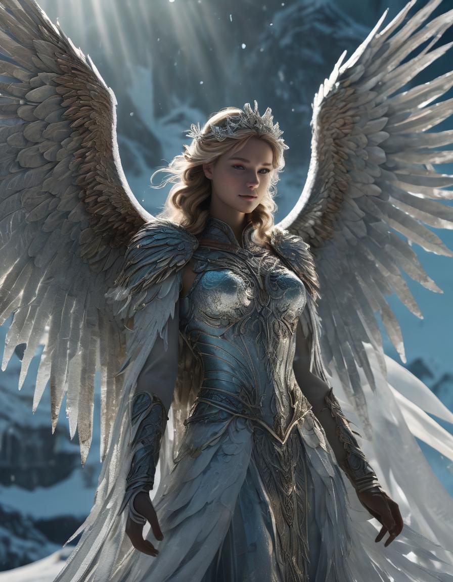 Icy Angel Defiant in Winter Landscape