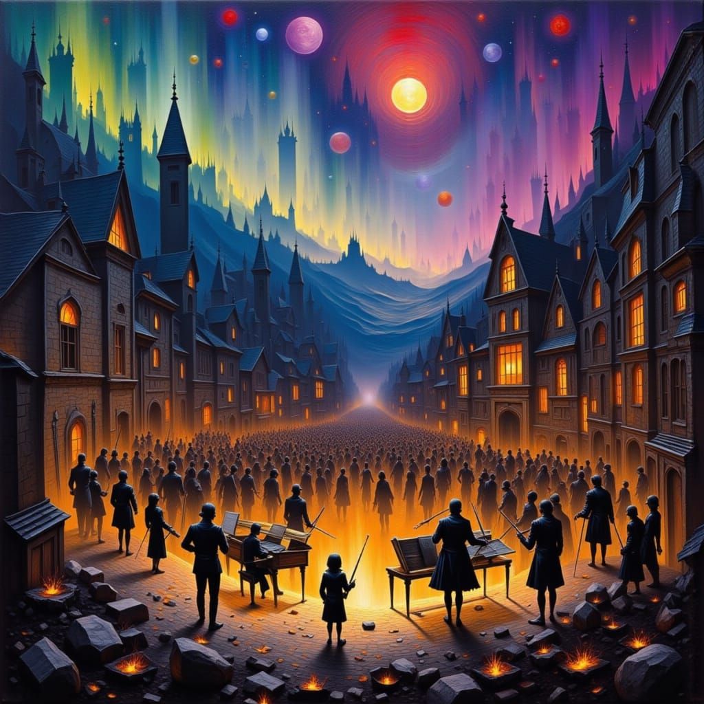 Orchestra of Wounded Instruments Beneath Aurora