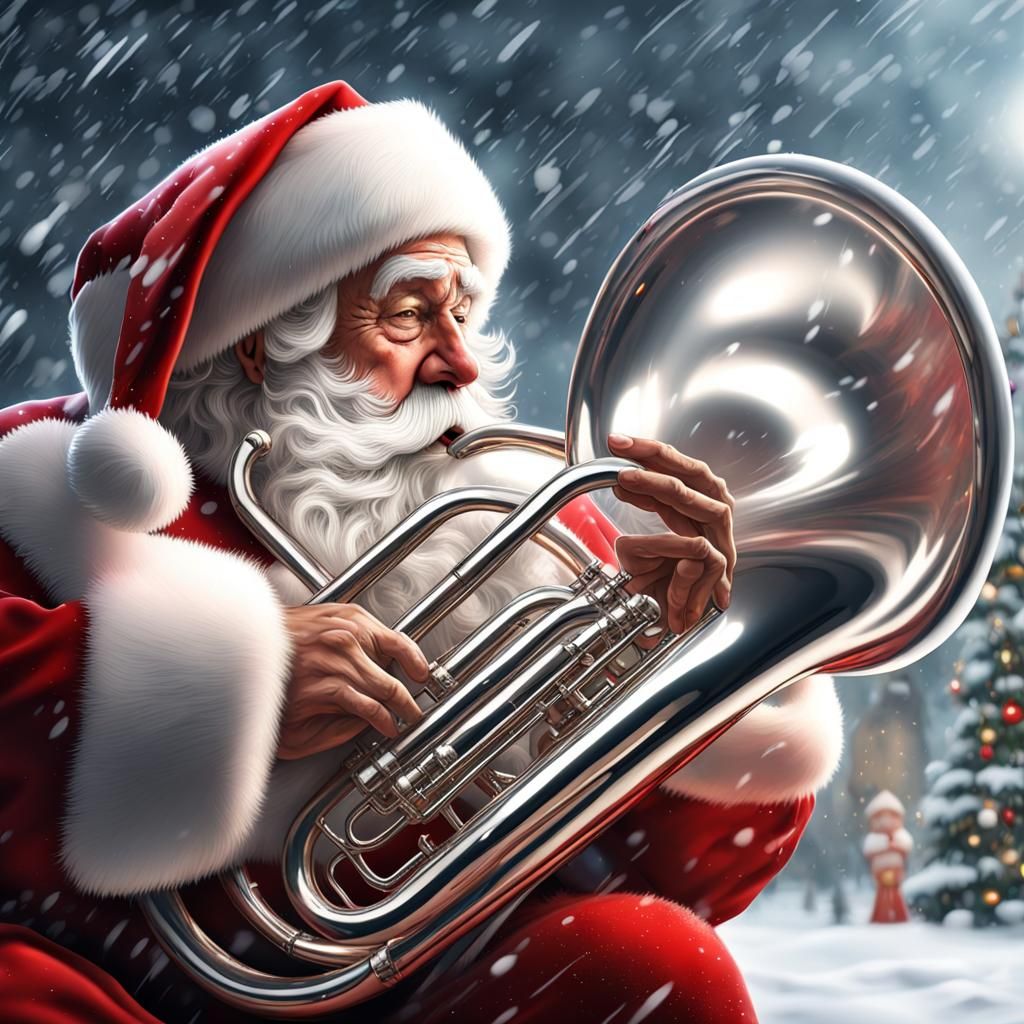 Festive Santa Claus Plays Tuba in Hyperrealistic Detail