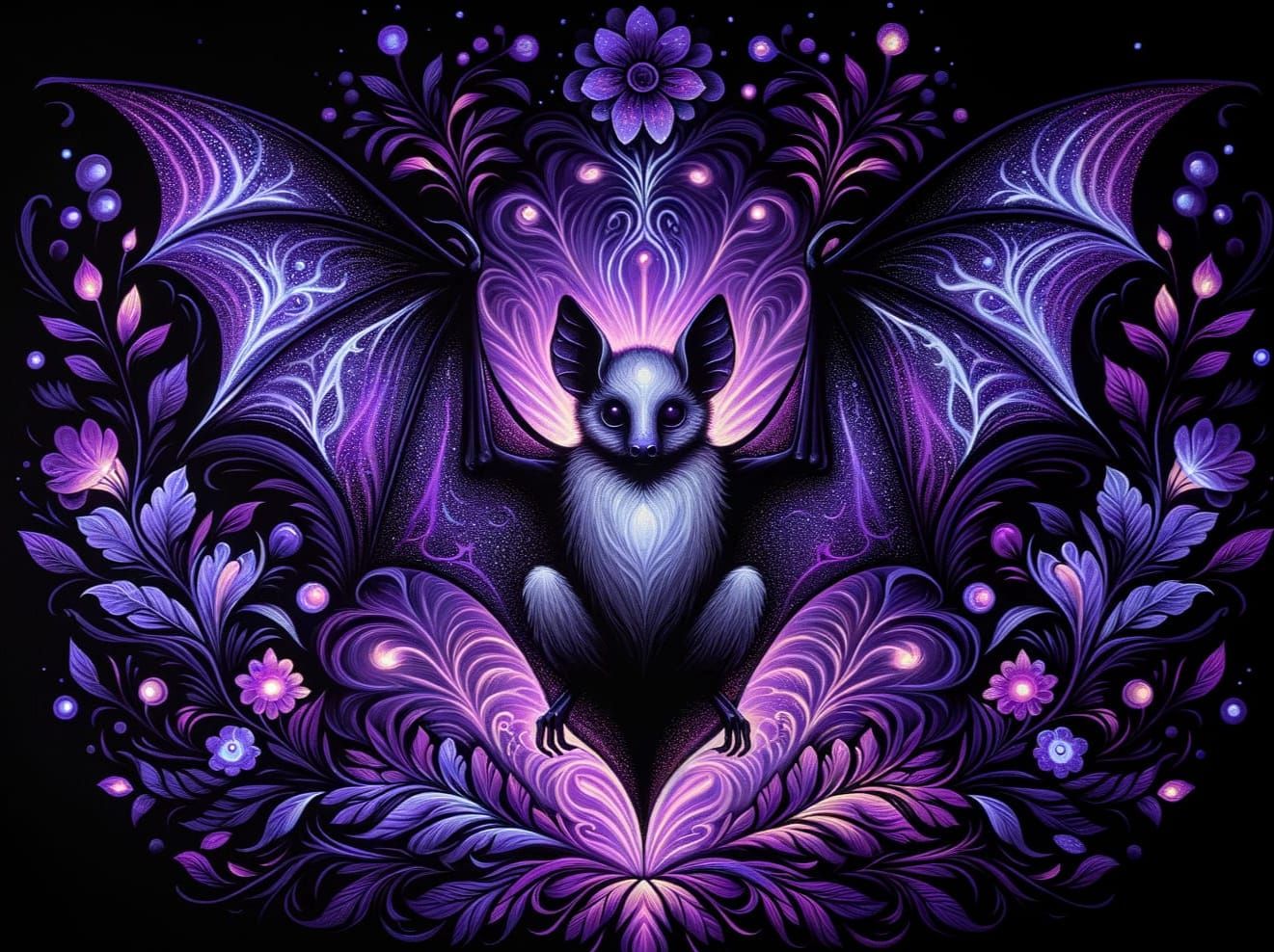 Ethereal Bat in Black Light Paint, Night Scene