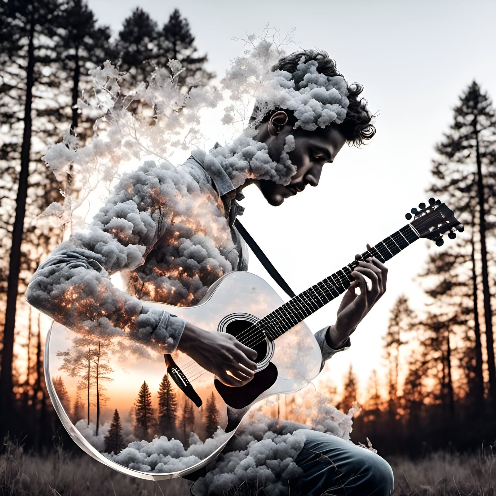 Surreal Double Exposure: Transparent Guitarist in Dreamscape