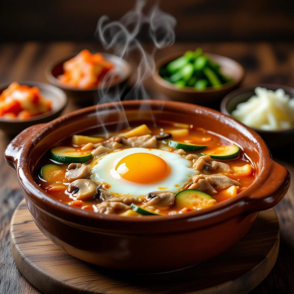 Steaming Sundubu-Jjigae in Earthenware Bowl