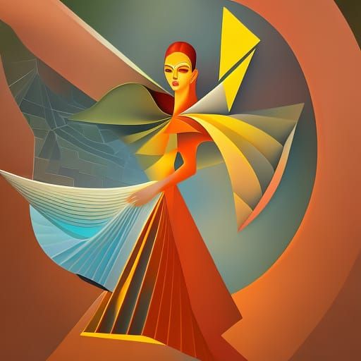 Surreal Woman in Flight: Neo-Cubist Geometric Art