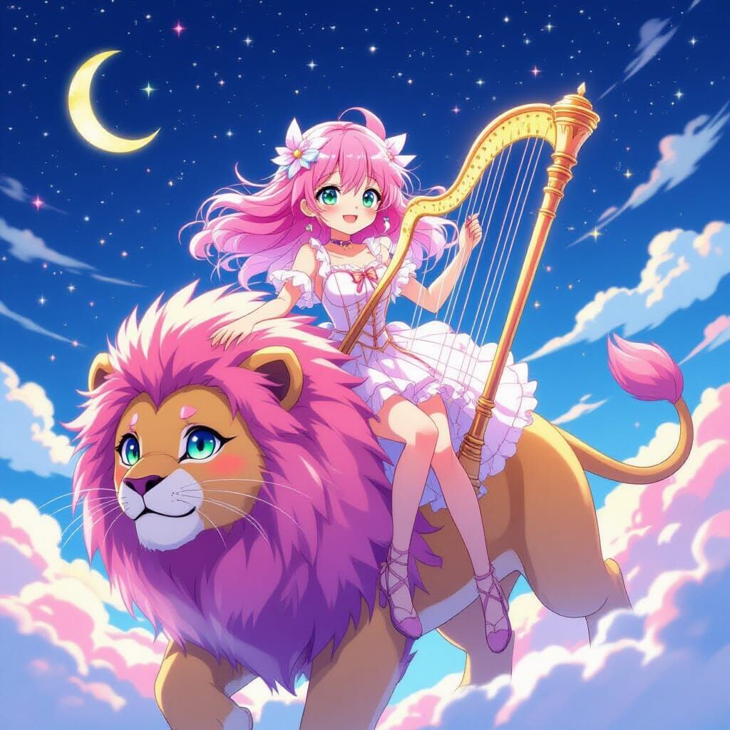 Anime Girl on Lion Soaring Through Starry Sky