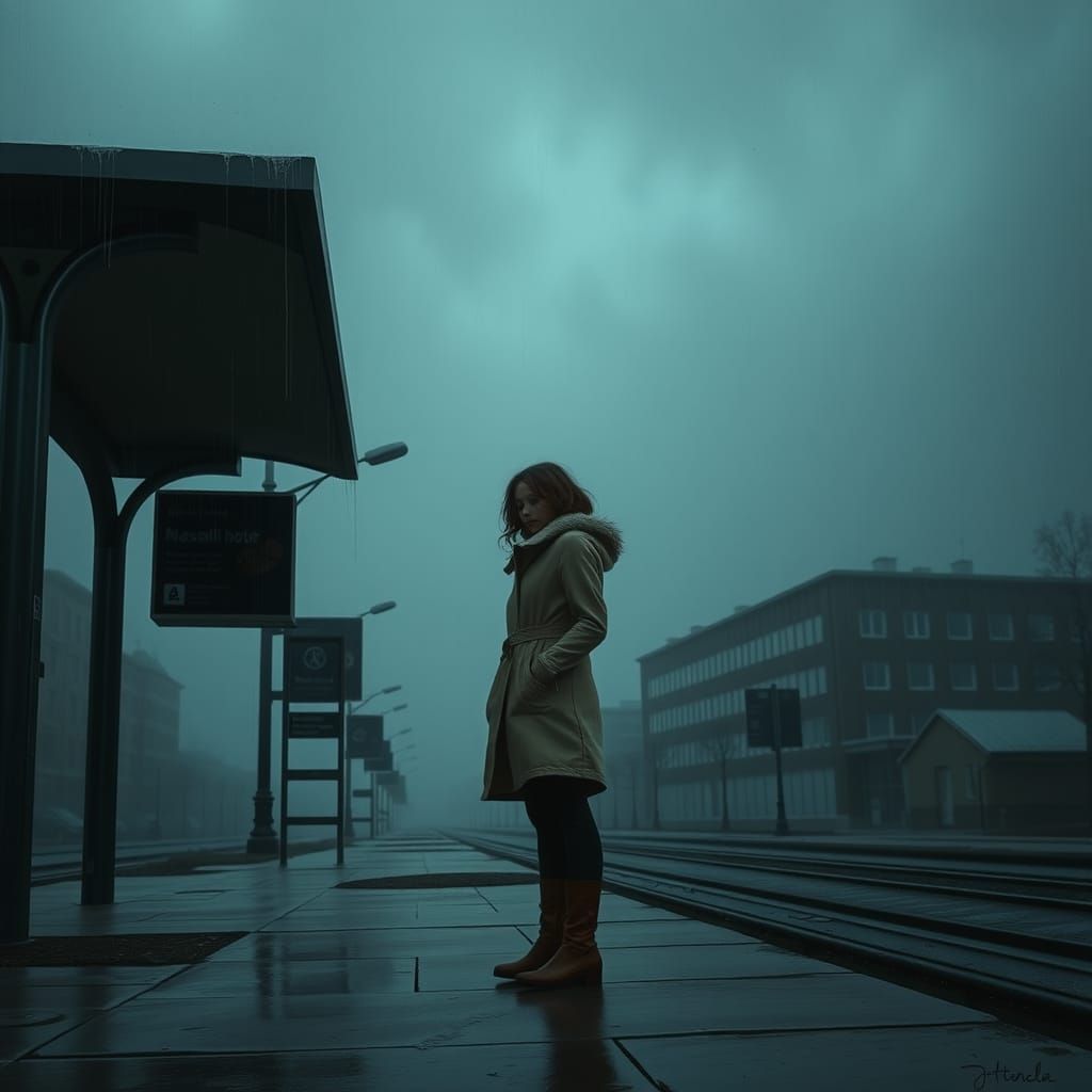 Gloomy Bus Stop Scene in Oil Painting Style
