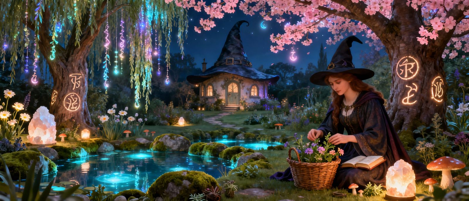 Enchanting Witch Hat House in Magical Garden at Night