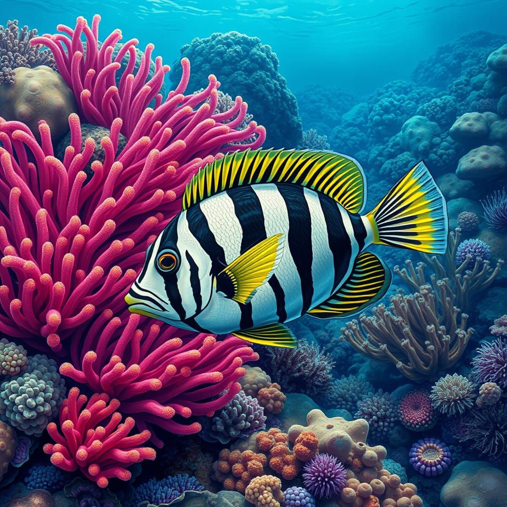 Zebra Fish and Anemones on Coral Reef