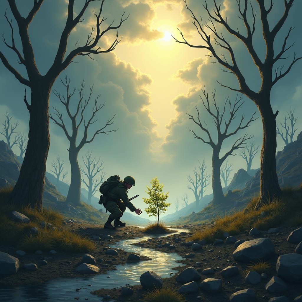 Hopeful War Illustration: Soldier Plants Tree Amidst Destruc...