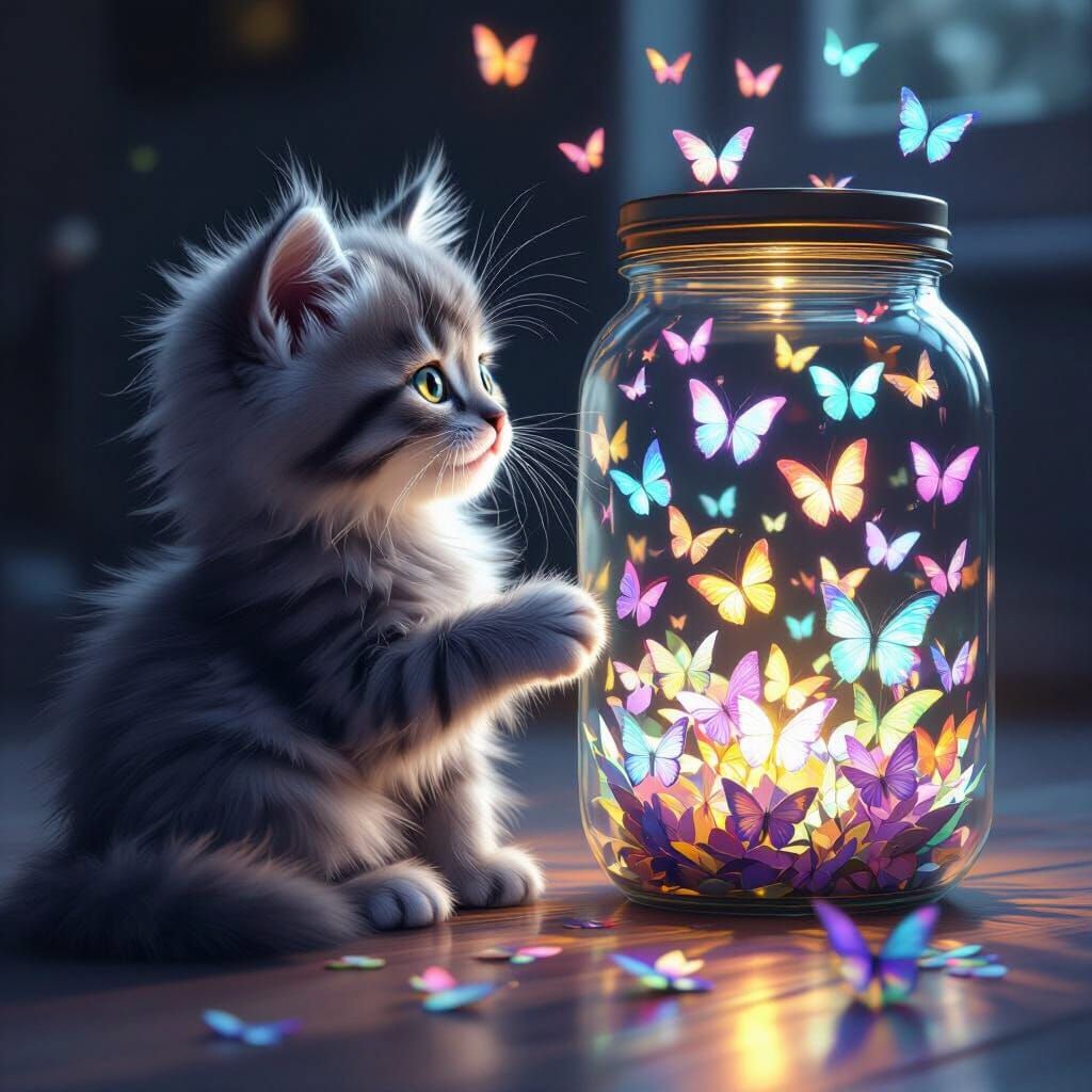 Fluffy Kitten Gazes Into Magical Butterfly Jar