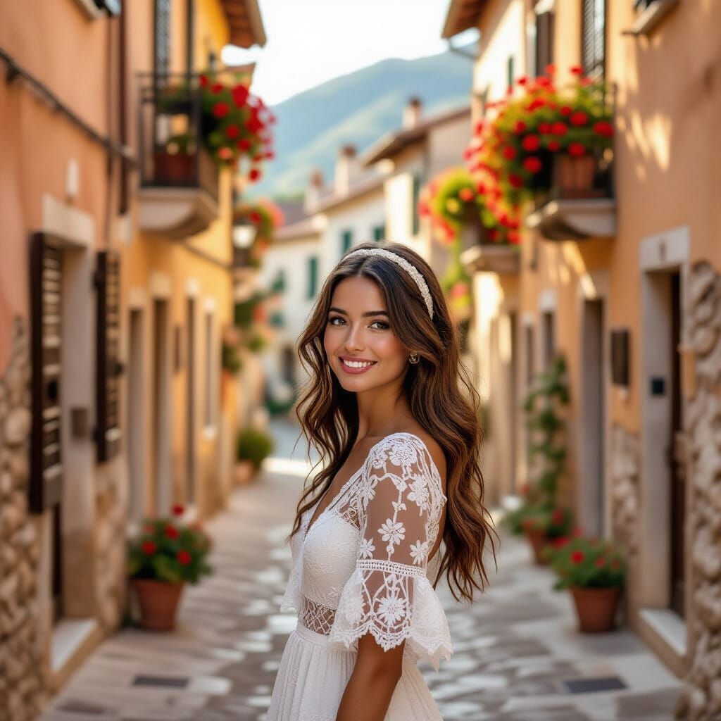 Joyful Woman in Italian Coastal Town, Photorealistic Style