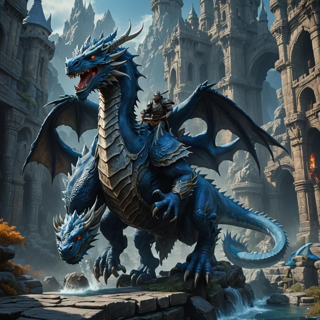 Blue Dragonborn Riding an Ancient Blue Dragon