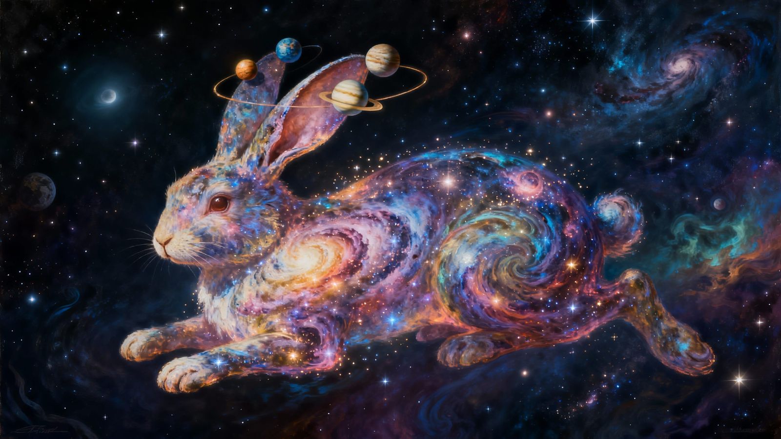 Surreal Cosmic Rabbit Art Floating in Space