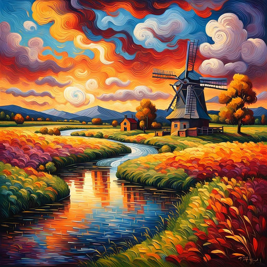 Colorful River Landscape with Swirling Clouds as Impasto Pai...