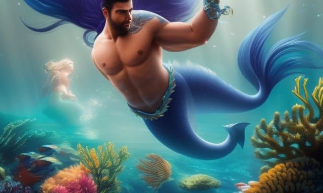 Detailed Merman Portrait Undersea in Digital Art Style