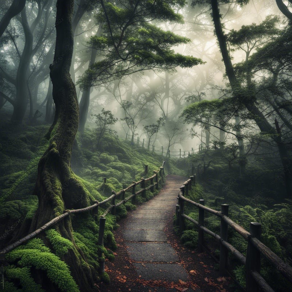 Japanese Forest Landscape with Mist in HDR