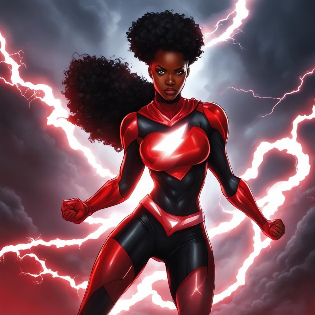 Dynamic Black Superhero in Red Lightning Storm