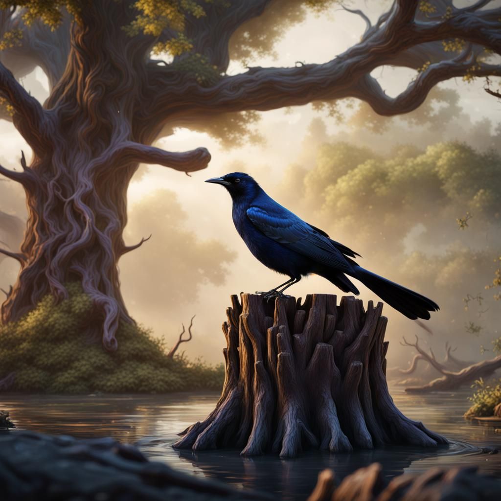 Grackle on Tree Stump: Detailed Matte Painting