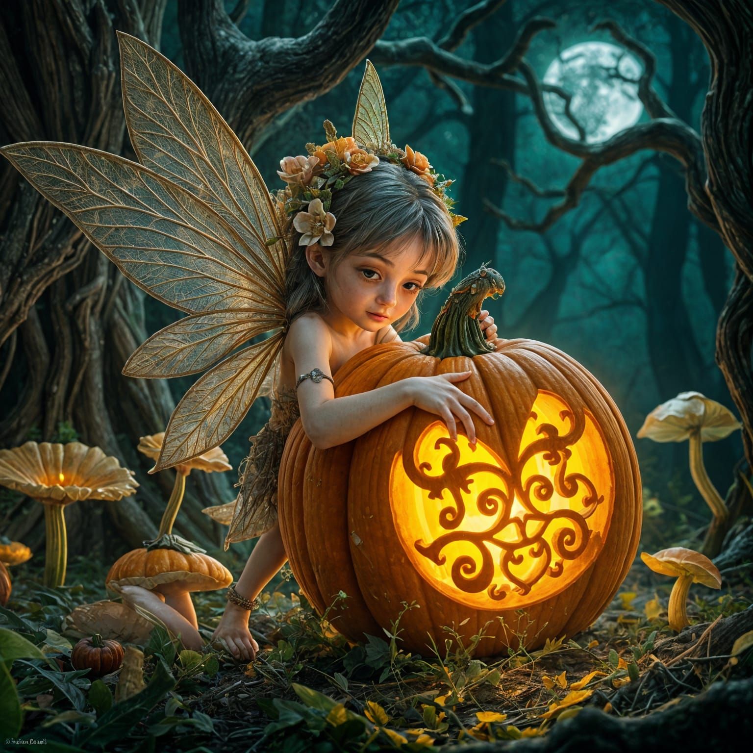 Hyperrealistic Fairy Stuck in Pumpkin