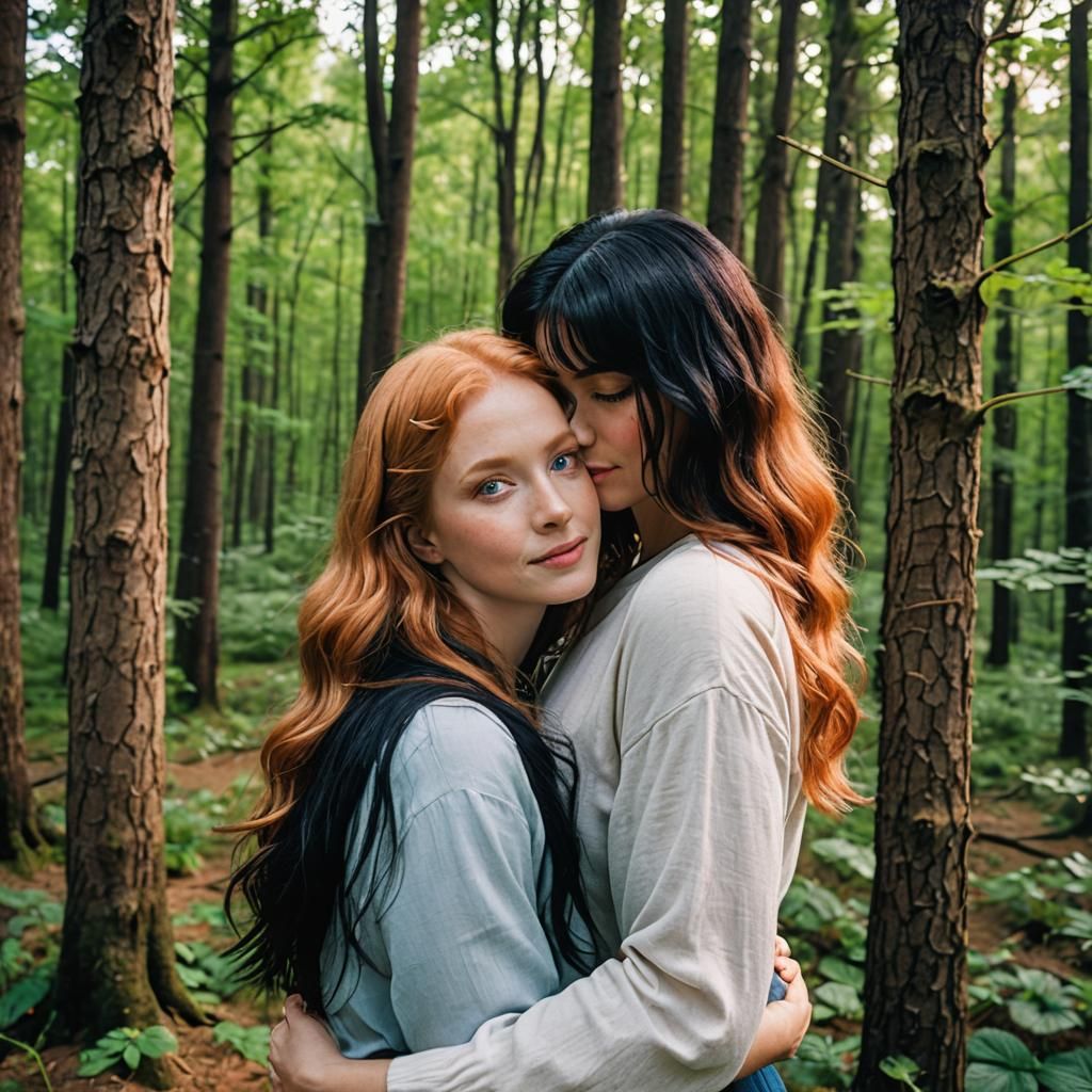 Women Embracing in Forest