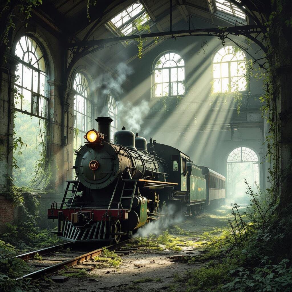 Forgotten Train Station in Overgrown City Digital Matte Pain...