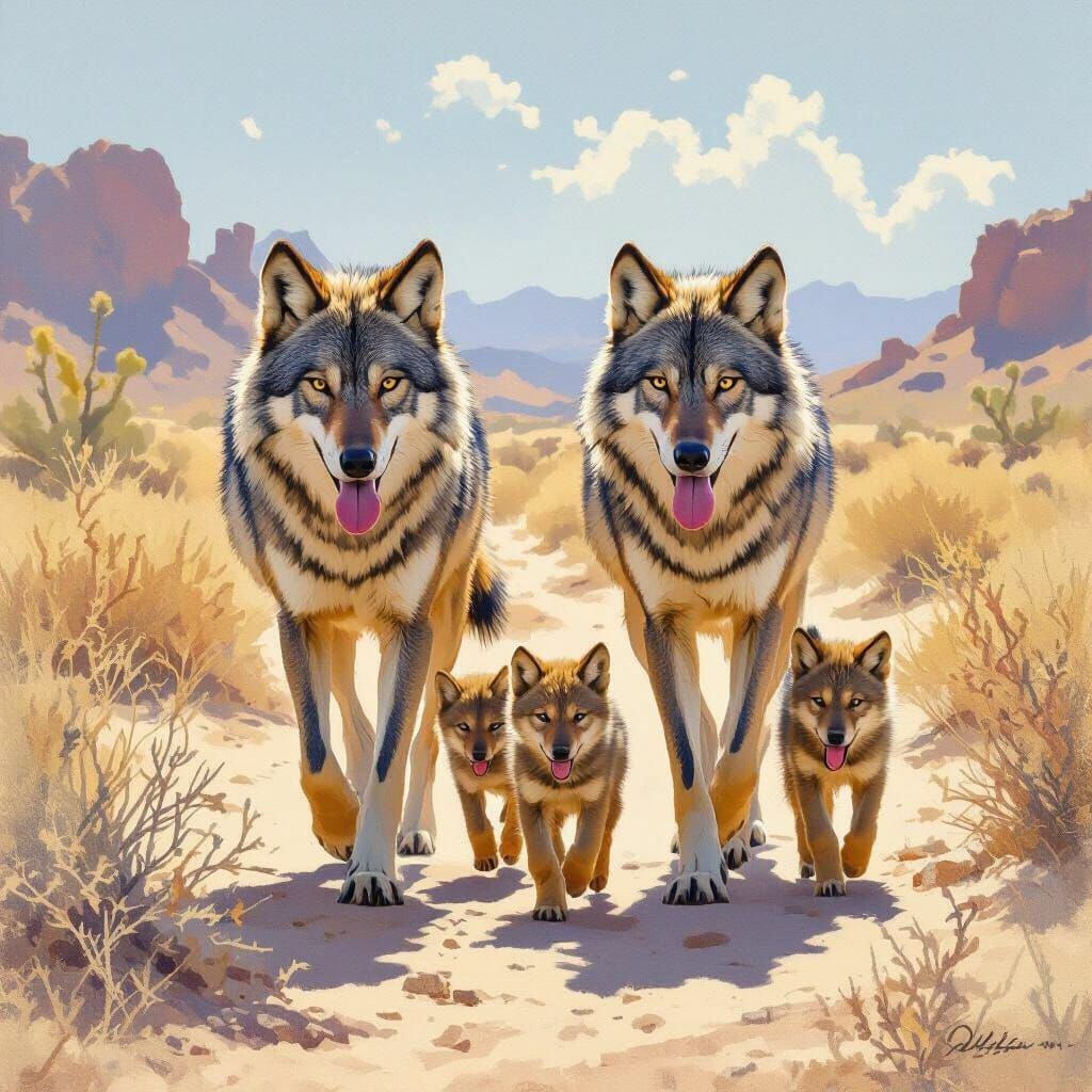 Wolf Family Walks Through Dry Desert Landscape