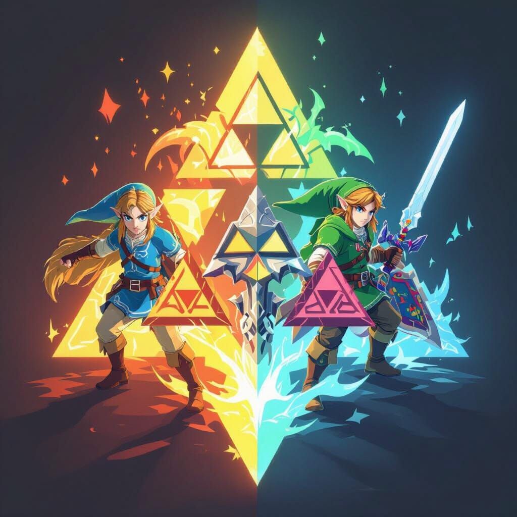 Triforce Symbol with Zelda Characters in Cel-Shaded Art Styl...