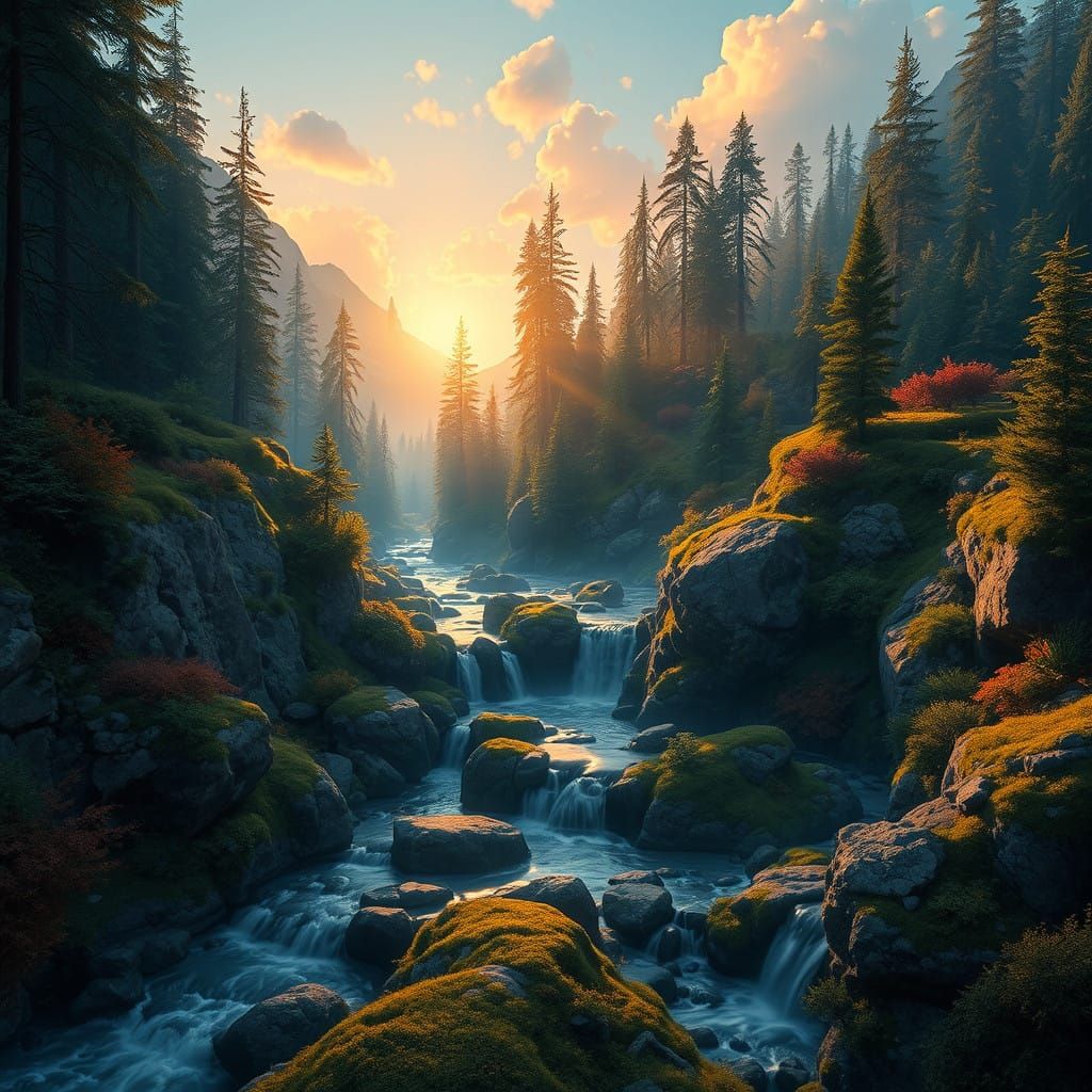 Dreamy Fantasy Landscape with Pine Trees and Soothing Waterf...