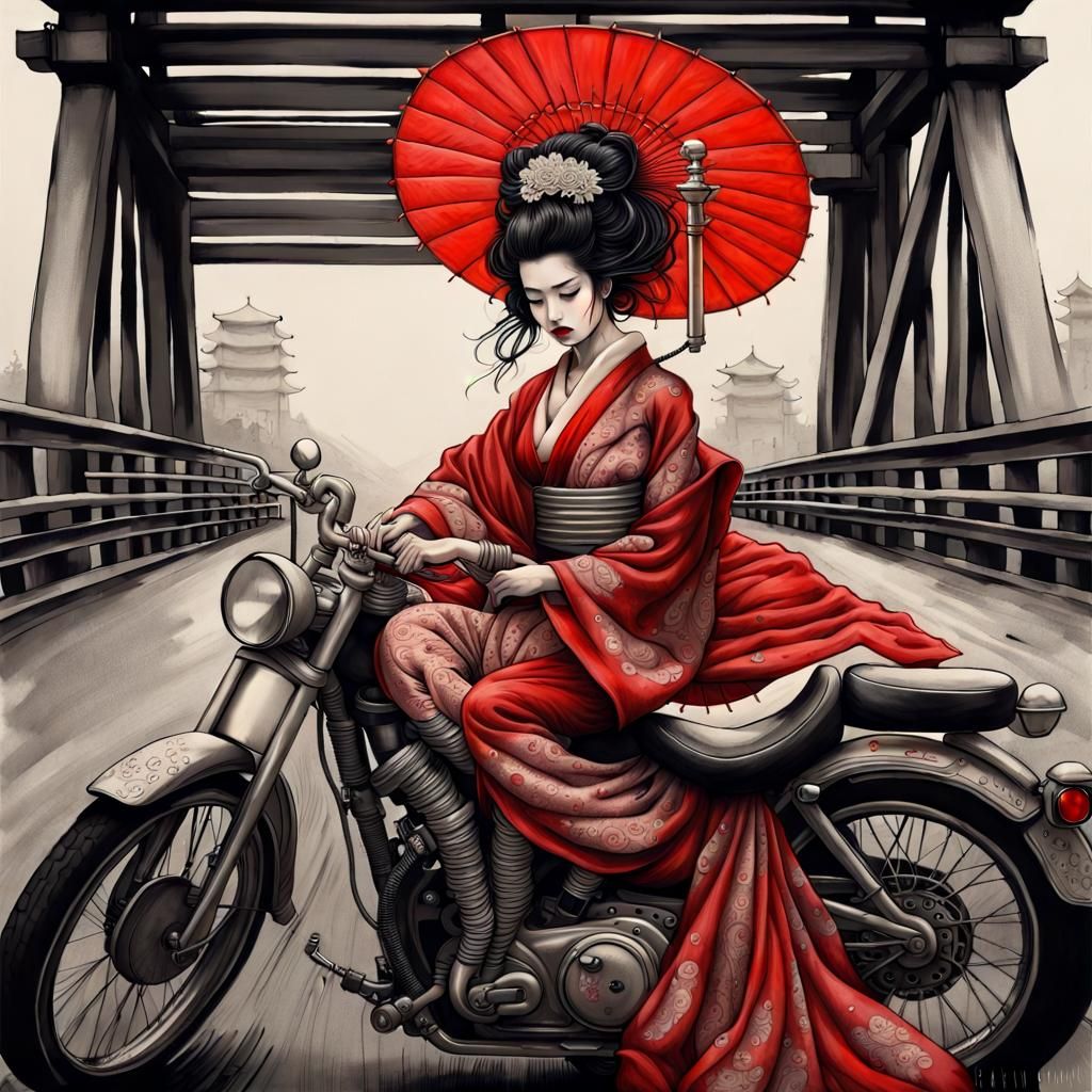 Geisha on Motorcycle: Detailed Ink Drawing