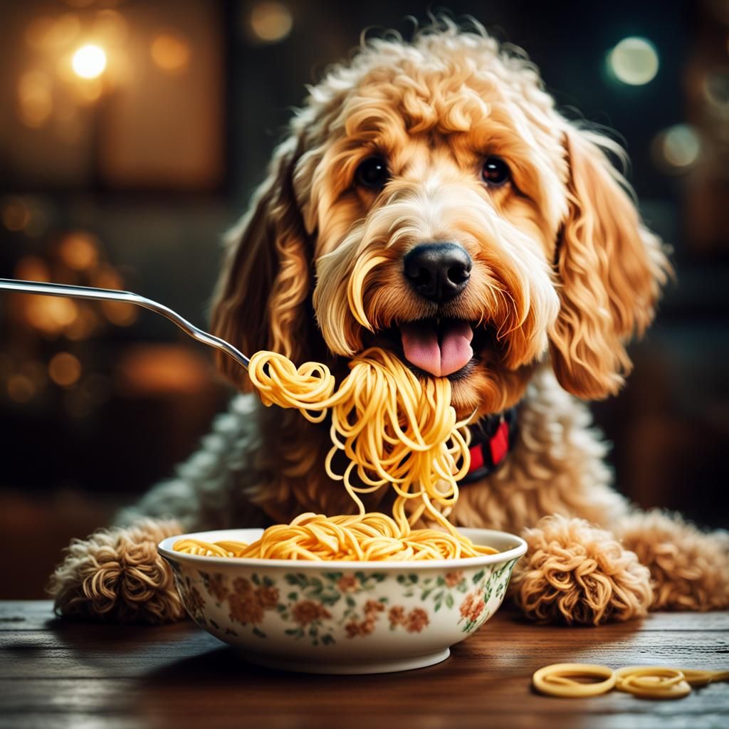 Hyperrealistic Goldendoodle Eats Noodle in Pointillism Style